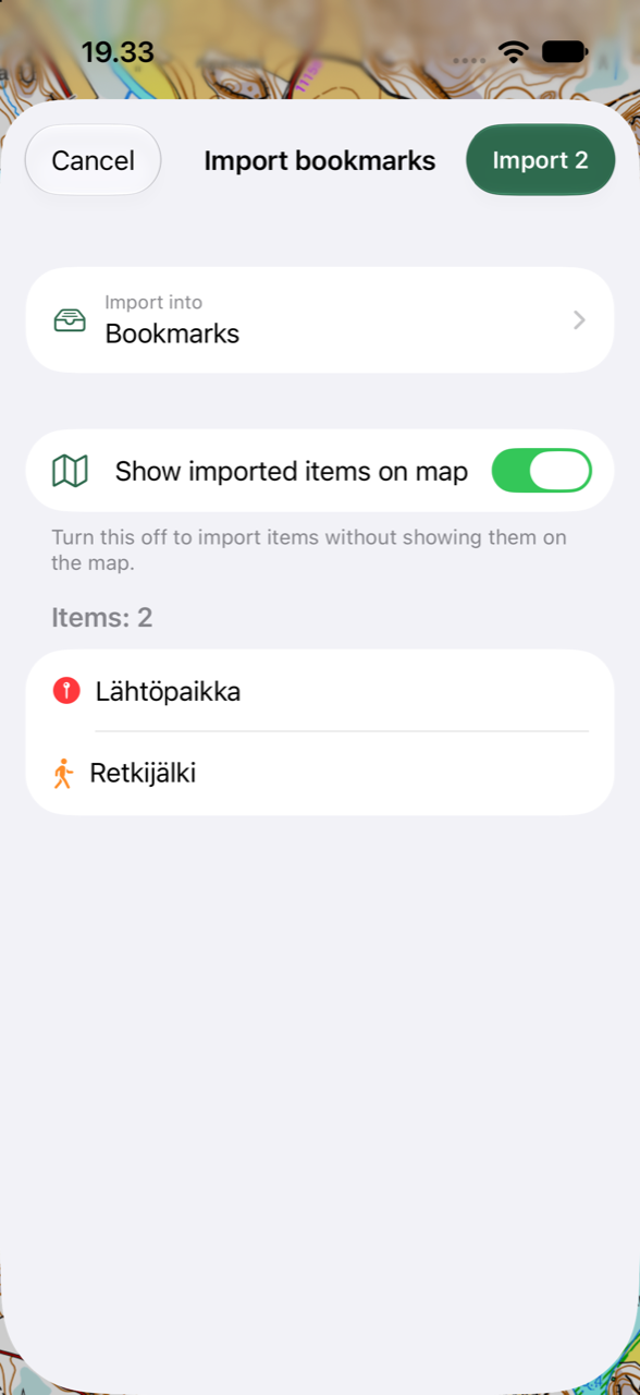 GPX-tuonnin esikatselussa näkyvät kohdekansio, karttanäkyvyyden valinta ja kaksi tuotavaa kohdetta.
