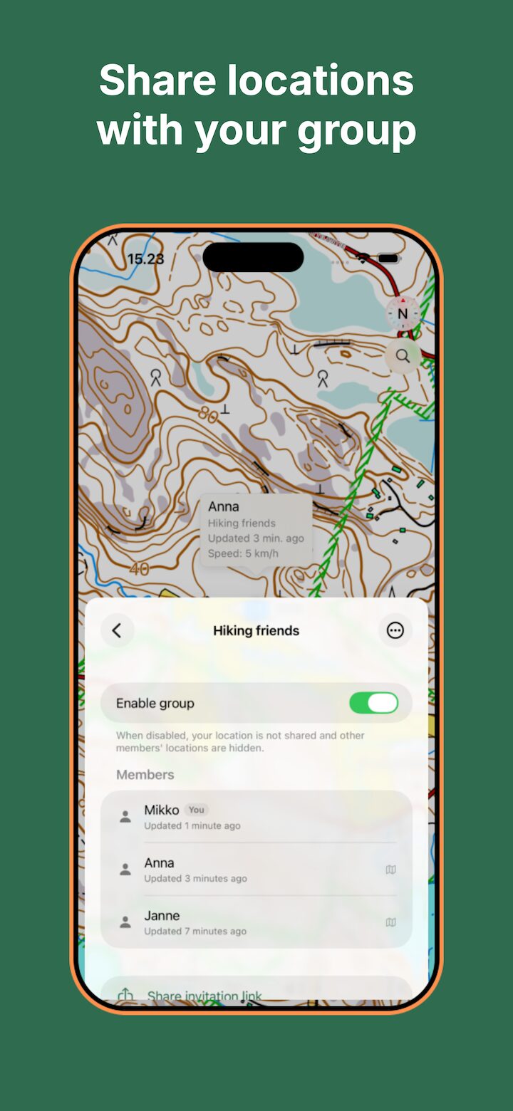 Lokimaps location sharing group screen for hiking friends