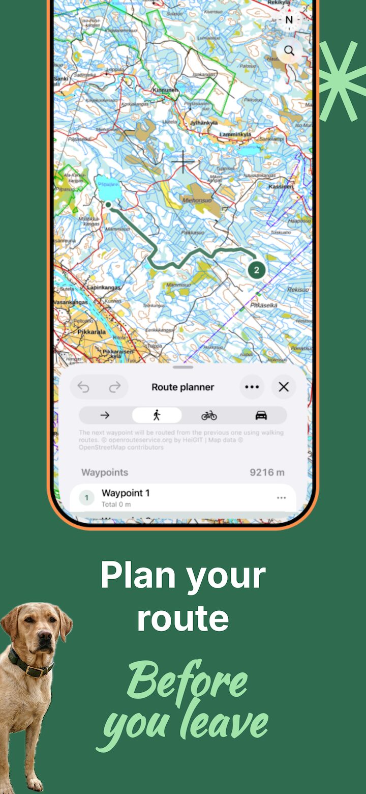 Lokimaps route planner with a walking route and waypoints on a topographic map