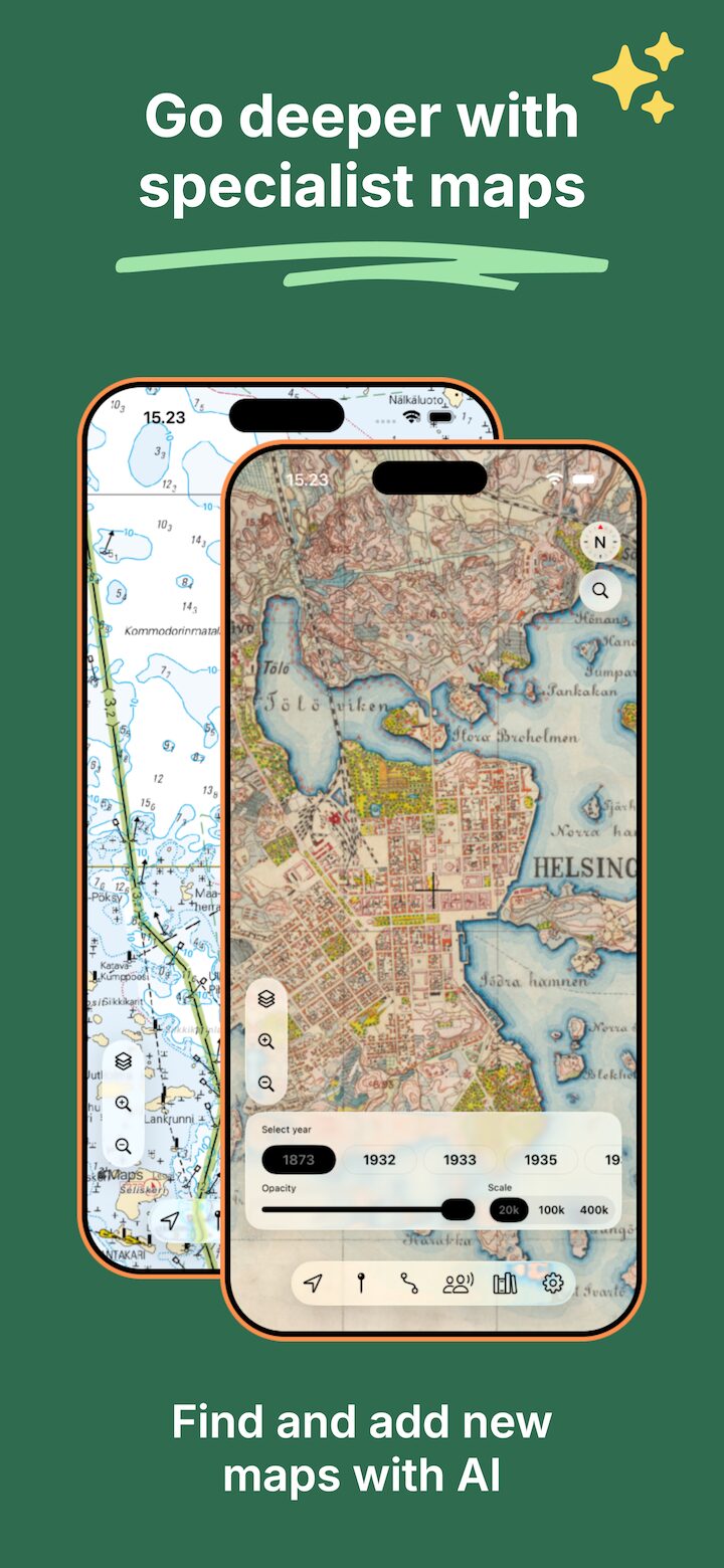 Lokimaps nautical chart and historic Helsinki map shown on two iPhones